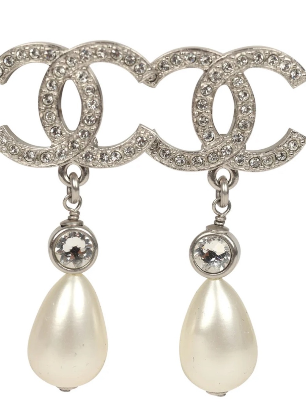 CHANEL Silver Crystal CC Logo Pearl Teardrop Earrings